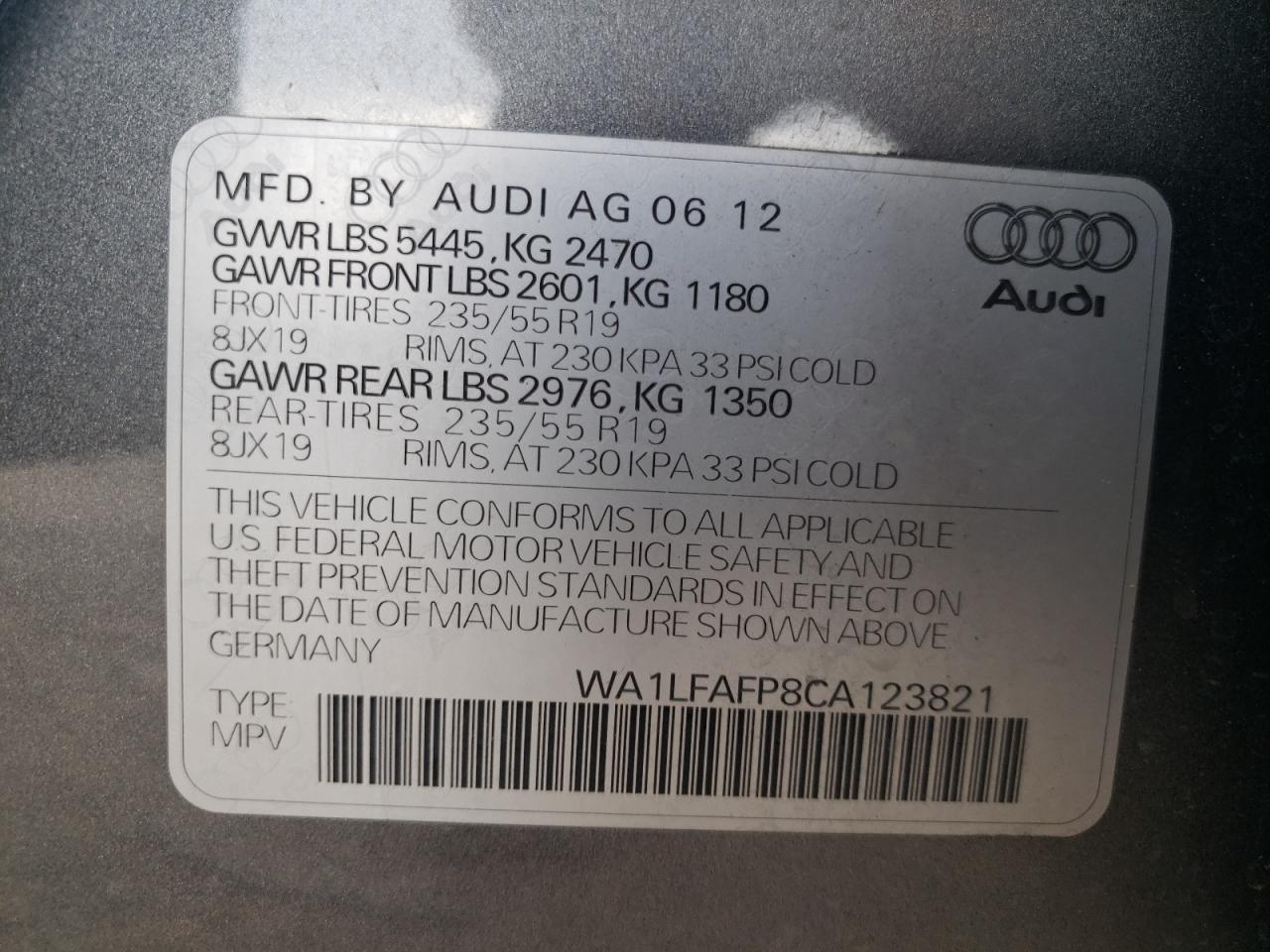 2012 Audi Q5 Premium Plus VIN: WA1LFAFP8CA123821 Lot: 56897695