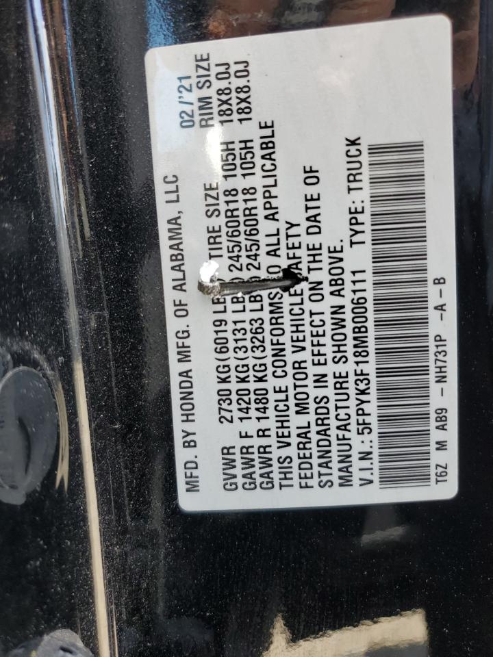 2021 Honda Ridgeline Sport VIN: 5FPYK3F18MB006111 Lot: 57152215