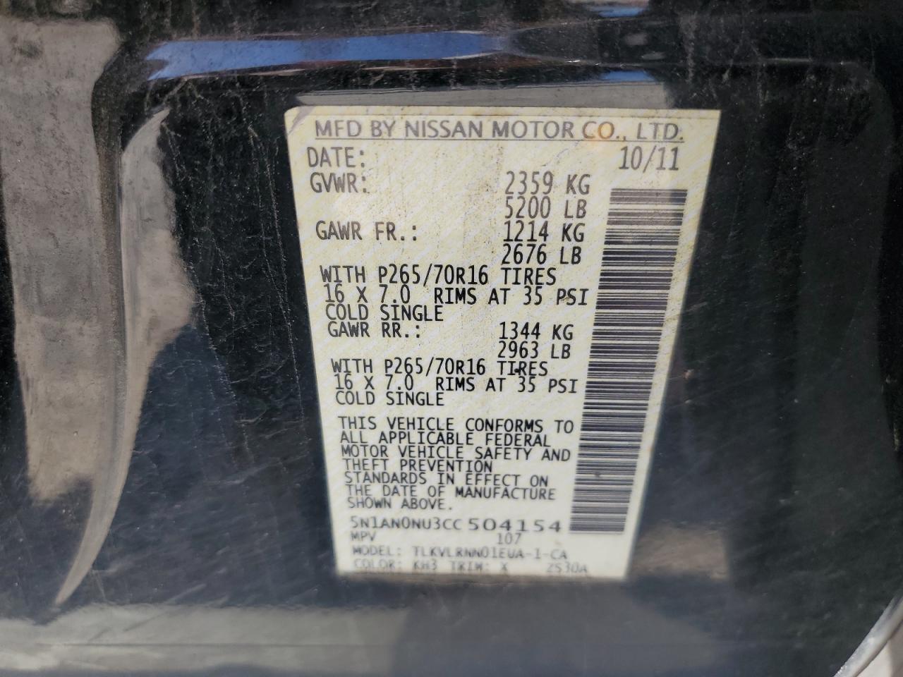 2012 Nissan Xterra Off Road VIN: 5N1AN0NU3CC504154 Lot: 56502705
