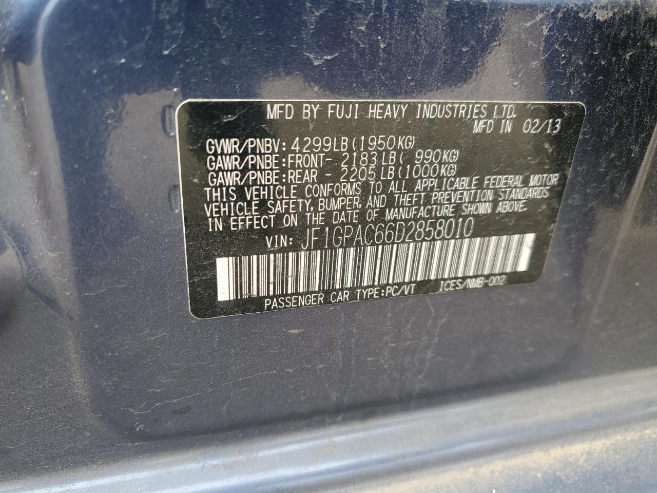2013 Subaru Impreza Premium VIN: JF1GPAC66D2858010 Lot: 56722085