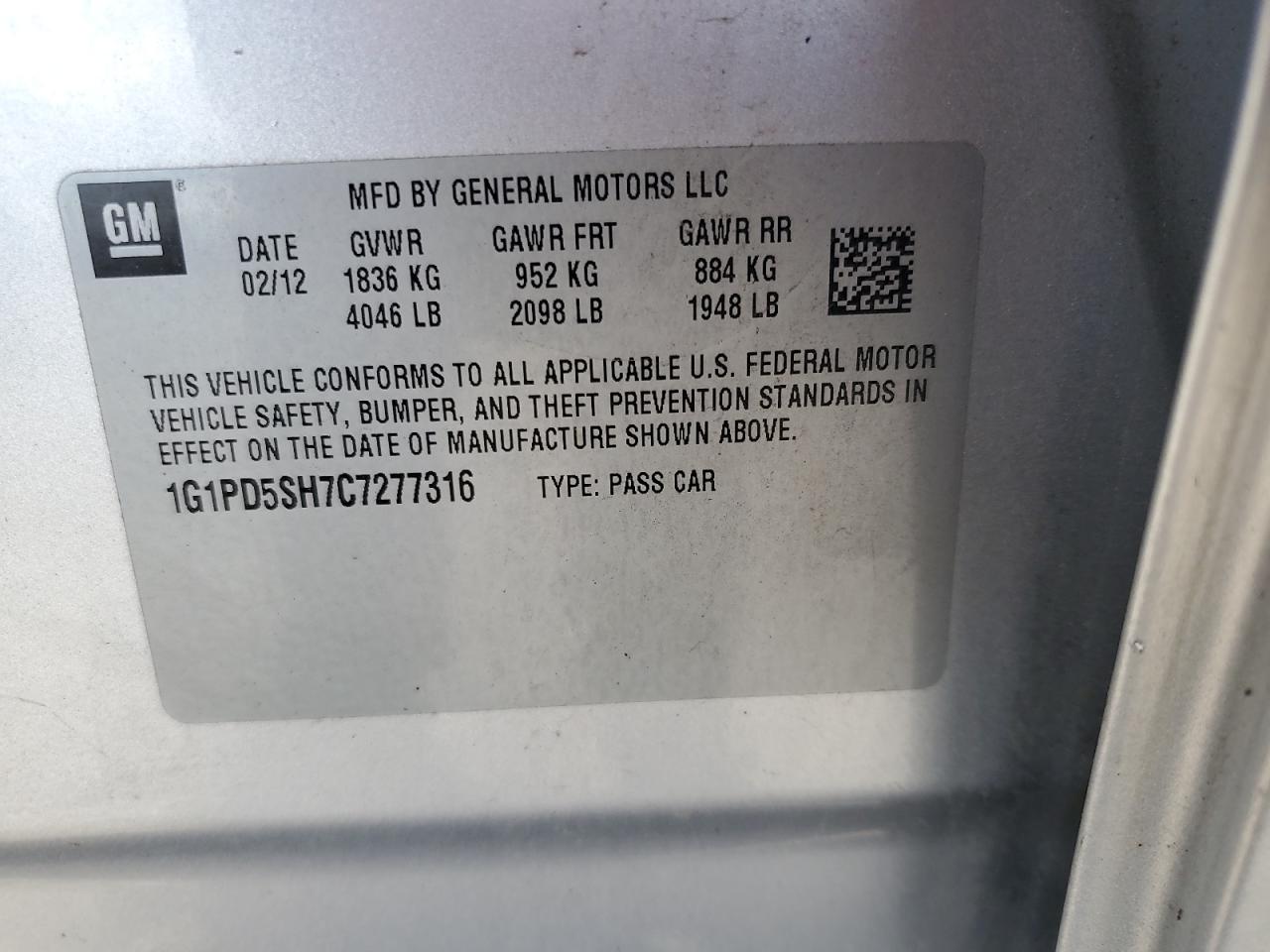 2012 Chevrolet Cruze Ls VIN: 1G1PD5SH7C7277316 Lot: 56876005