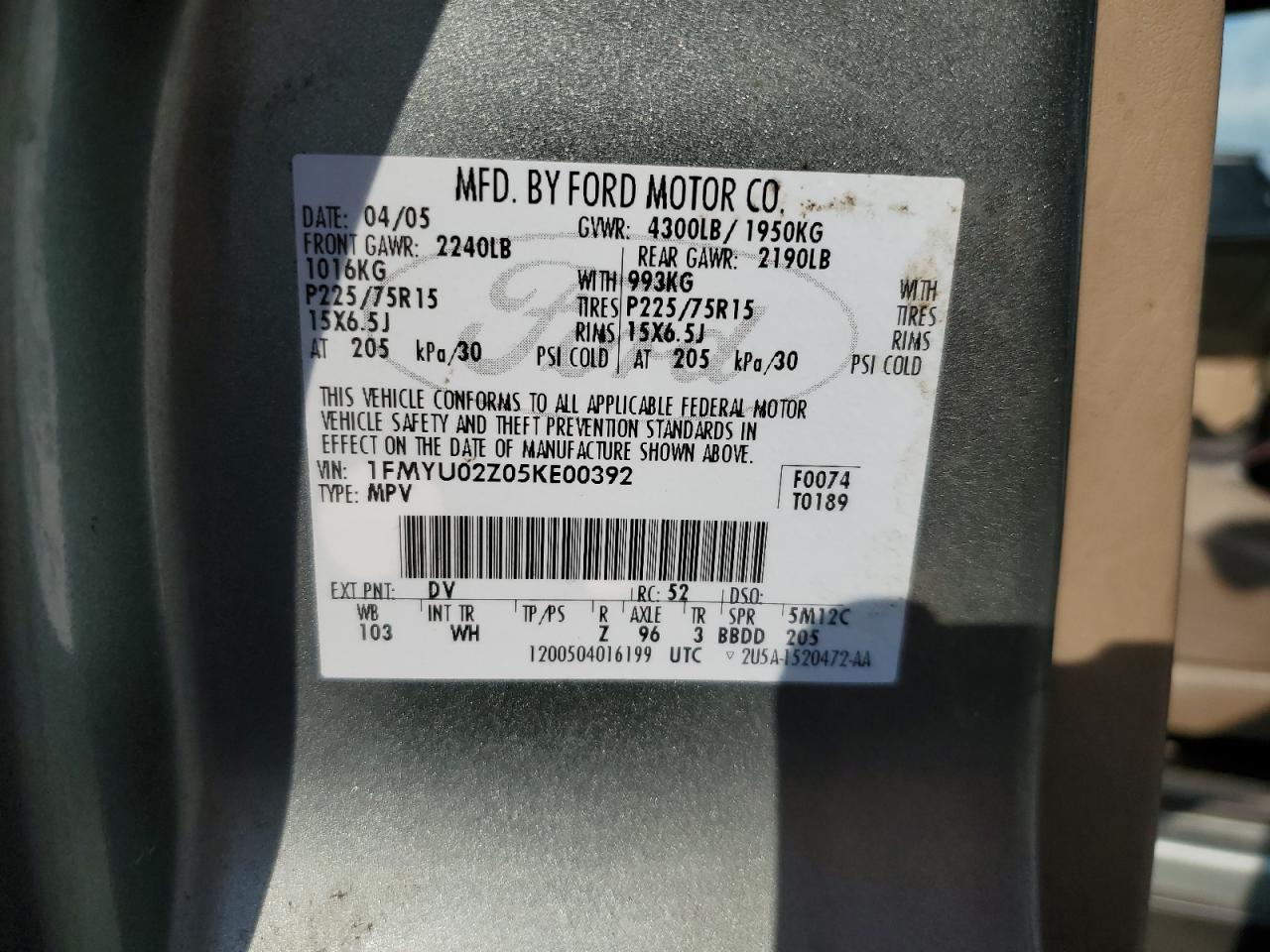 2005 Ford Escape Xls VIN: 1FMYU02Z05KE00392 Lot: 57032745
