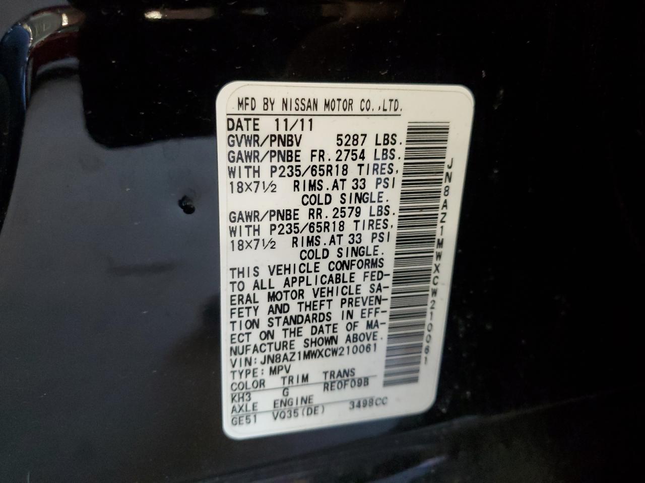 2012 Nissan Murano S VIN: JN8AZ1MWXCW210061 Lot: 56735875