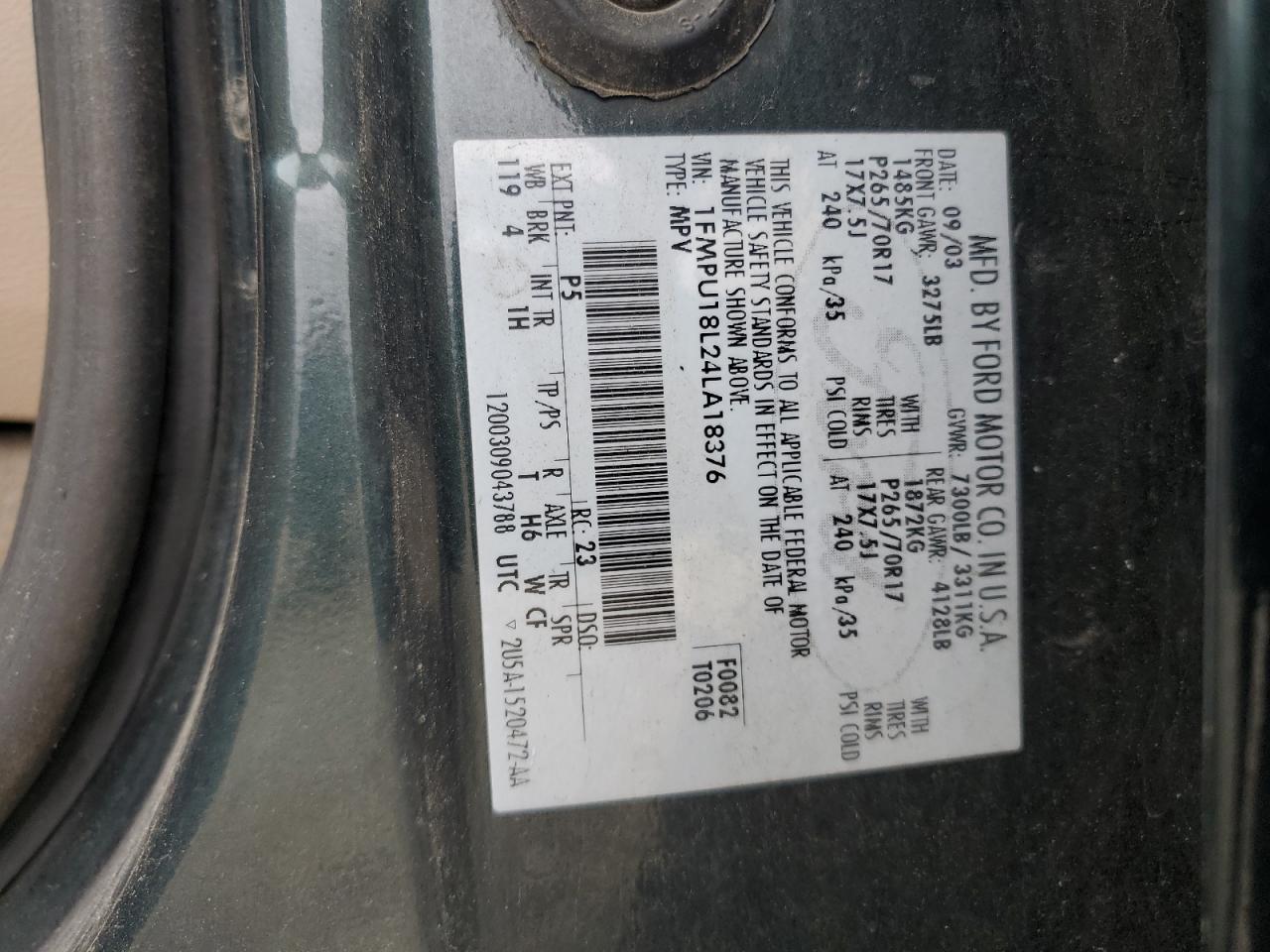 2004 Ford Expedition Eddie Bauer VIN: 1FMPU18L24LA18376 Lot: 58567575