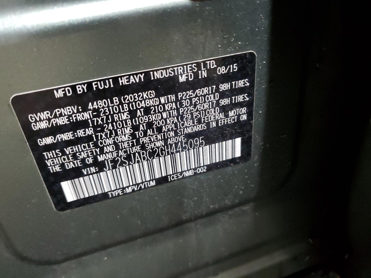 JF2SJABC2GH445095 SUBARU FORESTER 2016
