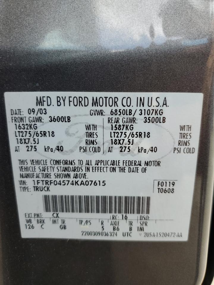 2004 Ford F150 VIN: 1FTRF04574KA07615 Lot: 56535705