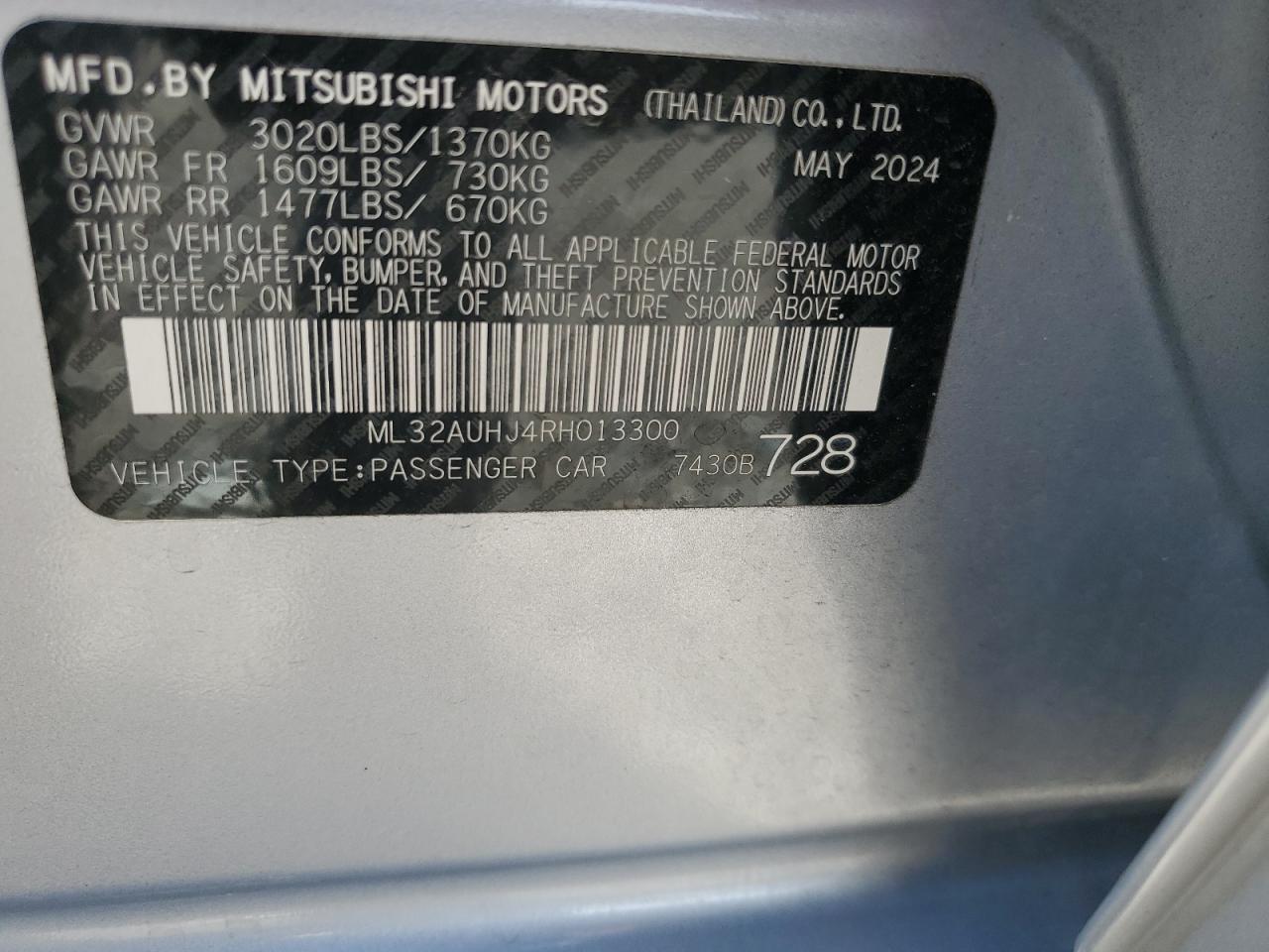 2024 Mitsubishi Mirage Es VIN: ML32AUHJ4RH013300 Lot: 57043355