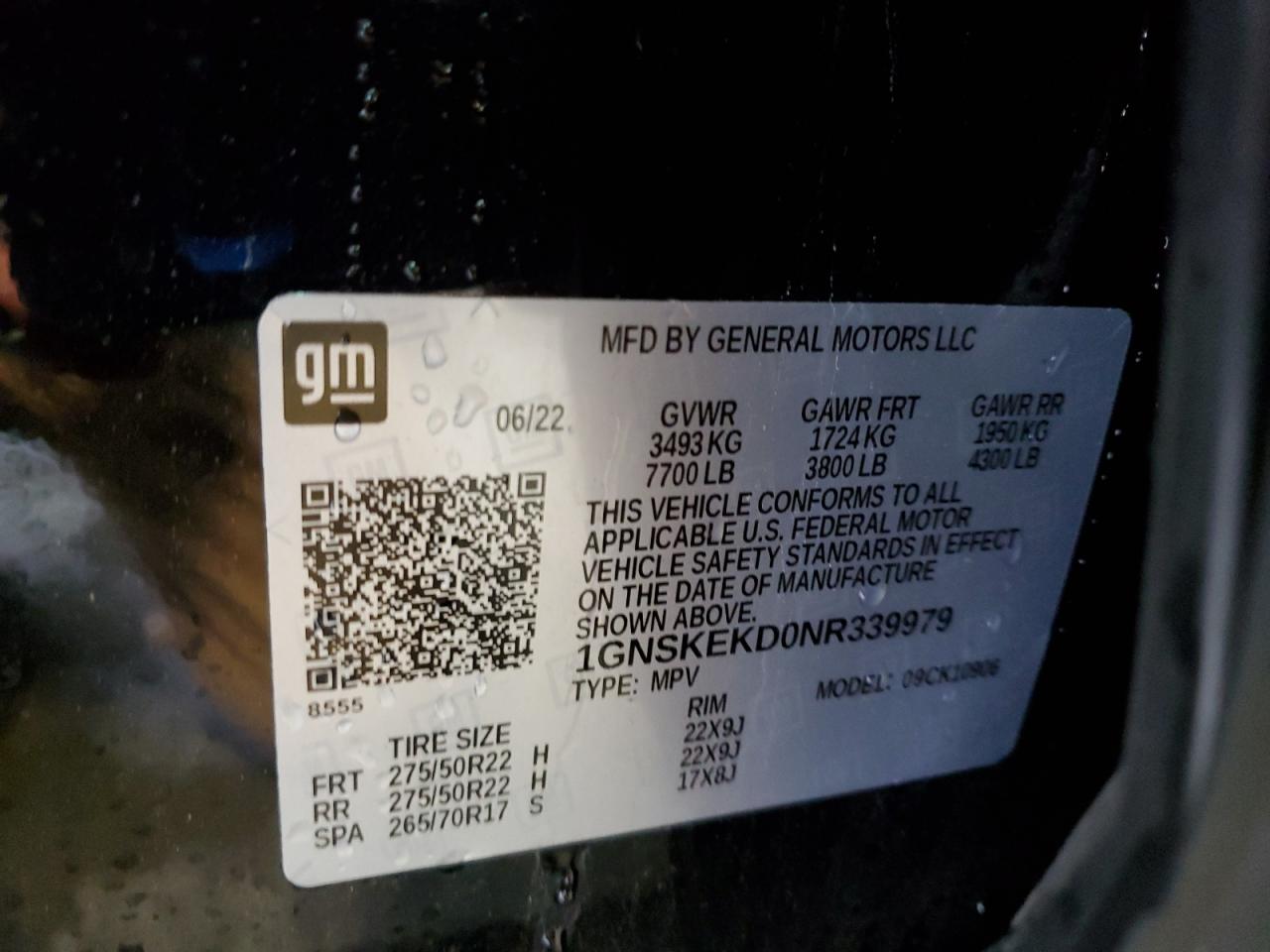 2022 Chevrolet Suburban K1500 Rst VIN: 1GNSKEKD0NR339979 Lot: 56143635