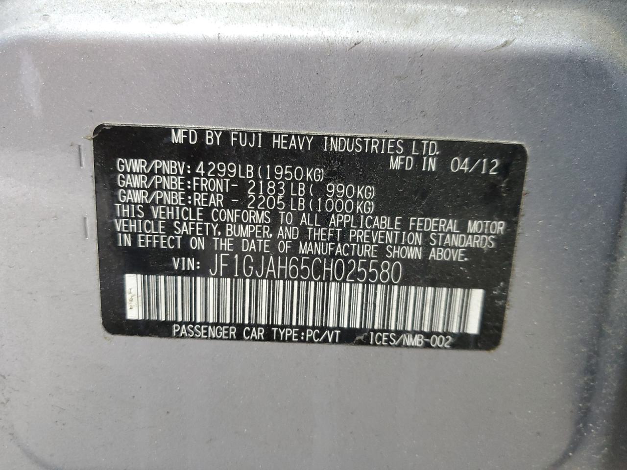 2012 Subaru Impreza Limited VIN: JF1GJAH65CH025580 Lot: 56727645