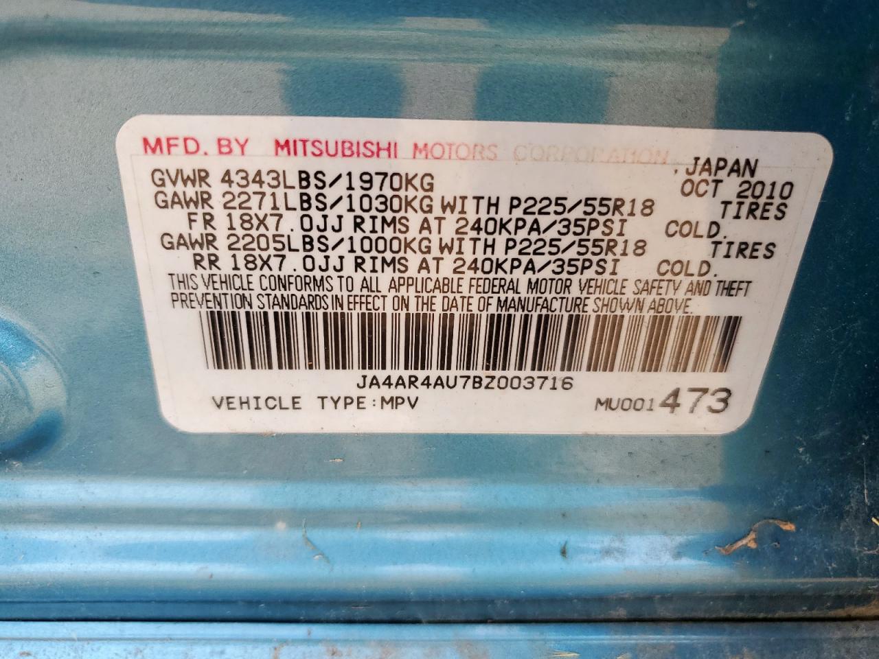 2011 Mitsubishi Outlander Sport Se VIN: JA4AR4AU7BZ003716 Lot: 57169335
