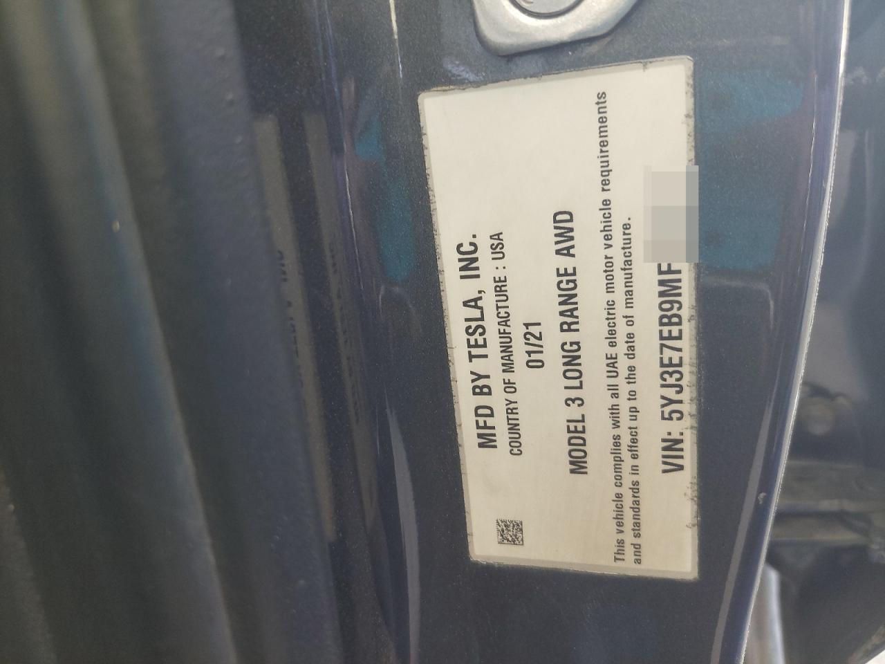 5YJ3E7EB9MF883069 - 2021 Tesl MODEL 3 - #56271515