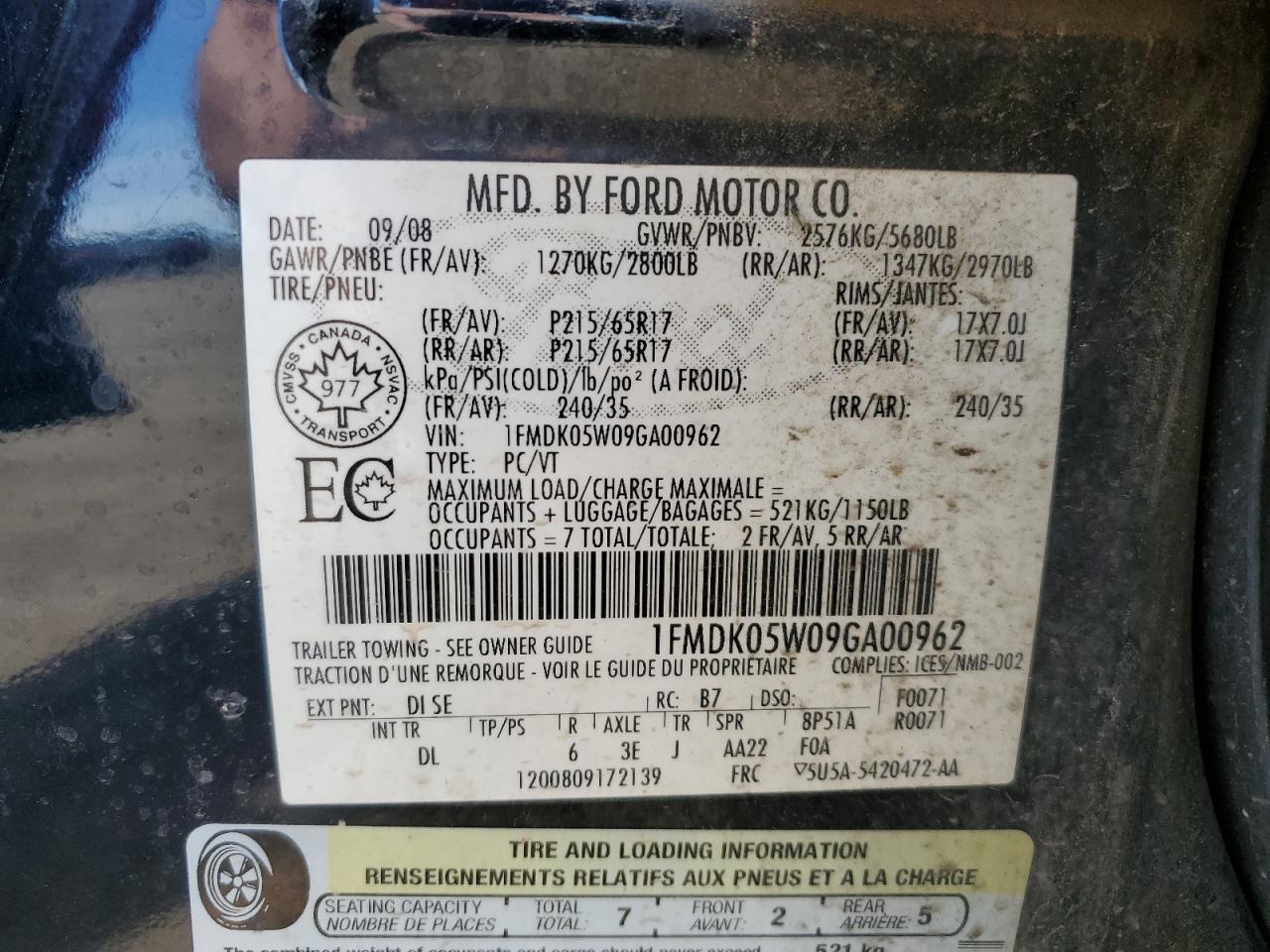 2009 Ford Taurus X Sel VIN: 1FMDK05W09GA00962 Lot: 58719895