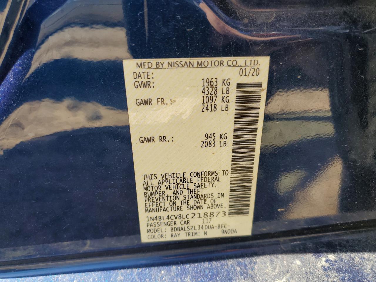 2020 Nissan Altima Sr Fwd VIN: 1N4BL4CV8LC218873 Lot: 43425193