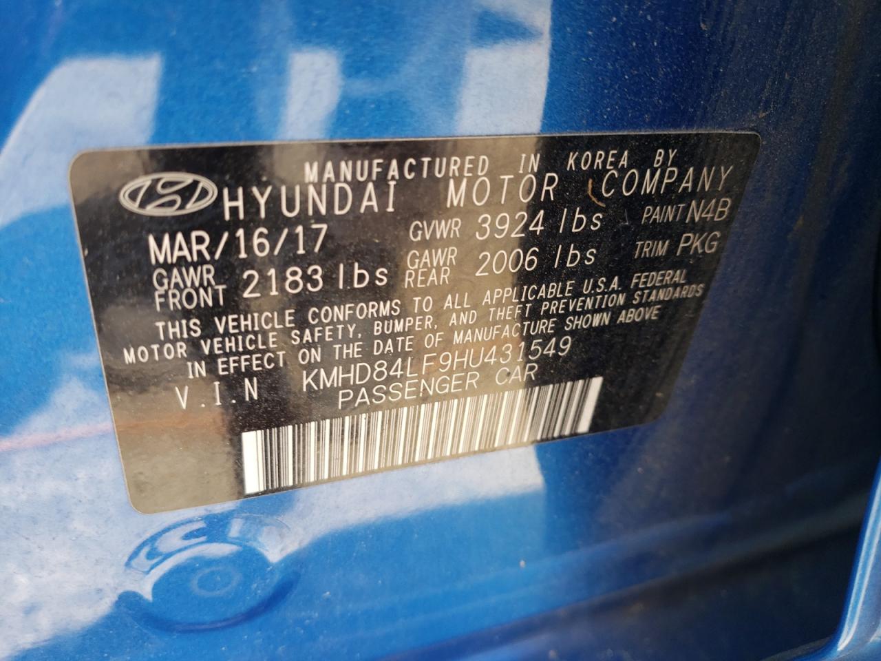 2017 Hyundai Elantra Se VIN: KMHD84LF9HU431549 Lot: 57609585