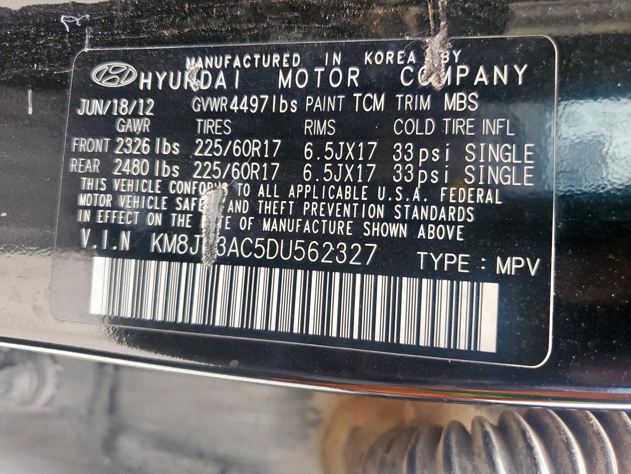 2013 Hyundai Tucson Gls VIN: KM8JU3AC5DU562327 Lot: 57266385