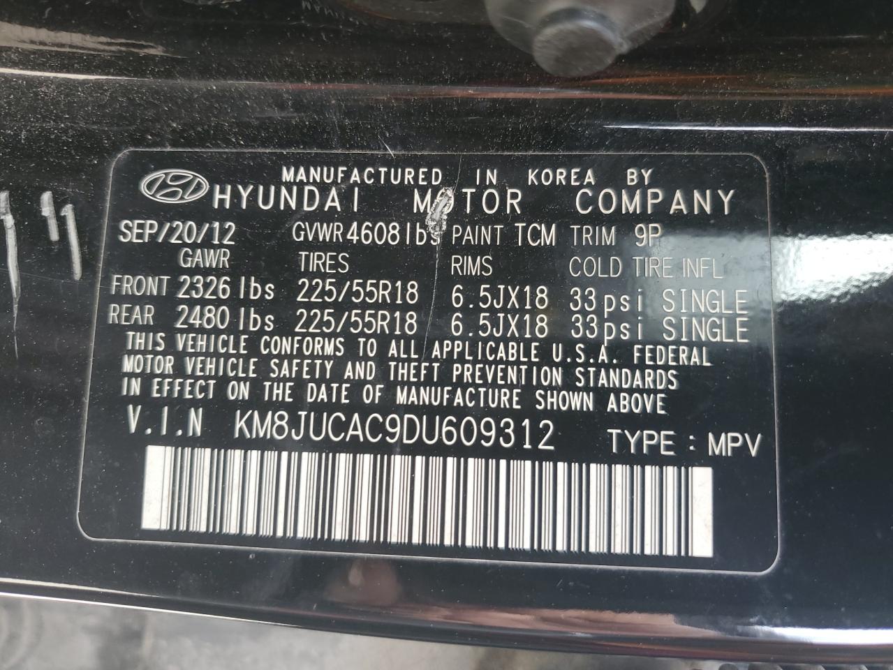 2013 Hyundai Tucson Gls VIN: KM8JUCAC9DU609312 Lot: 56634745