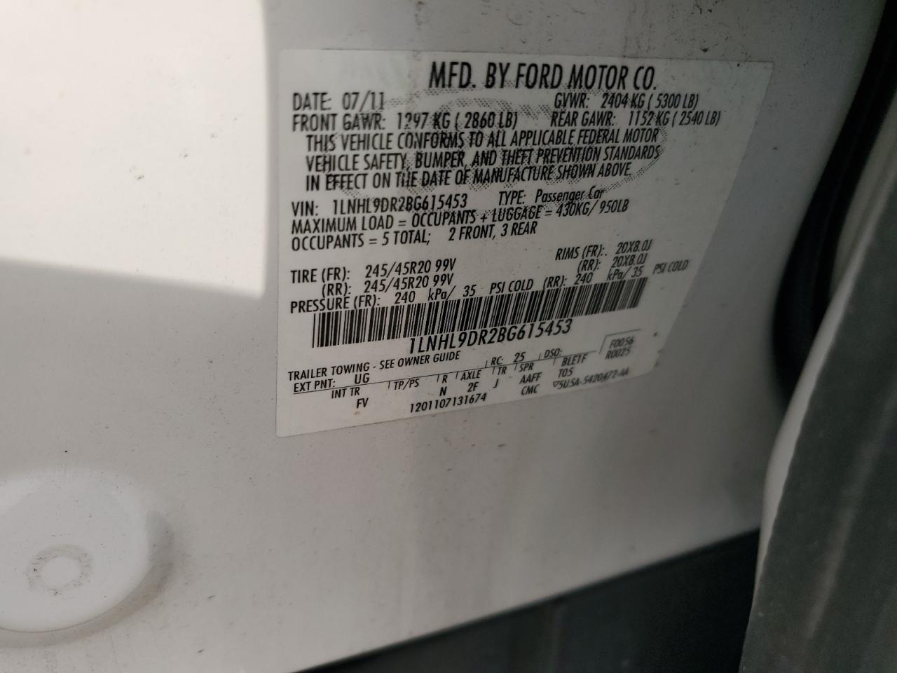 2011 Lincoln Mks VIN: 1LNHL9DR2BG615453 Lot: 56946285