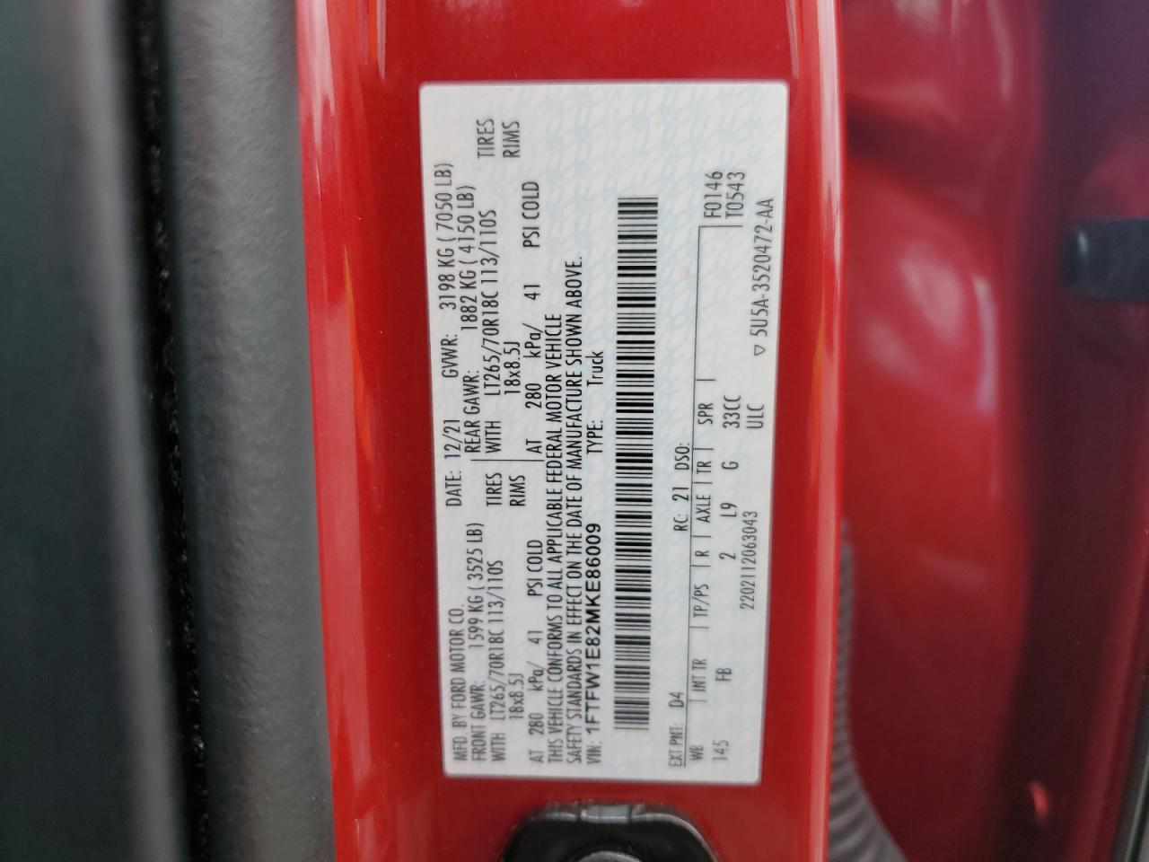 2021 Ford F150 Supercrew VIN: 1FTFW1E82MKE86009 Lot: 56883425