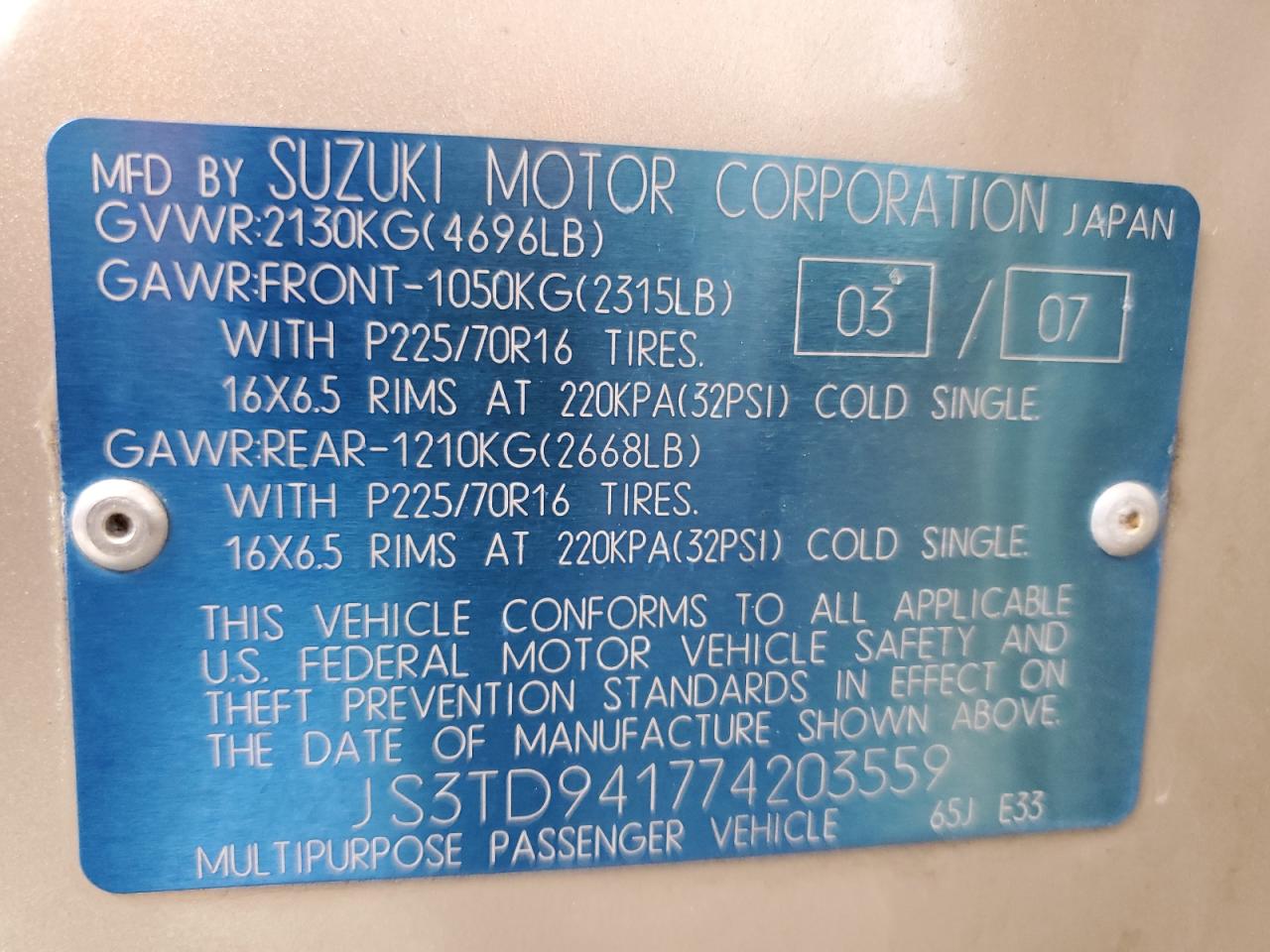 2007 Suzuki Grand Vitara VIN: JS3TD941774203559 Lot: 56050745