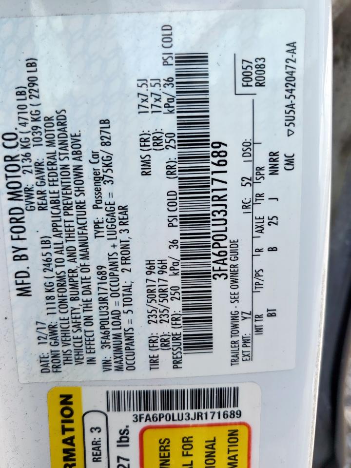 2018 Ford Fusion Se Hybrid VIN: 3FA6P0LU3JR171689 Lot: 54035235