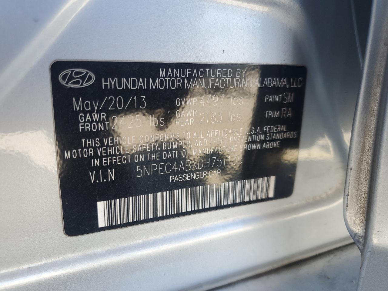 2013 Hyundai Sonata Se VIN: 5NPEC4ABXDH751135 Lot: 57064105