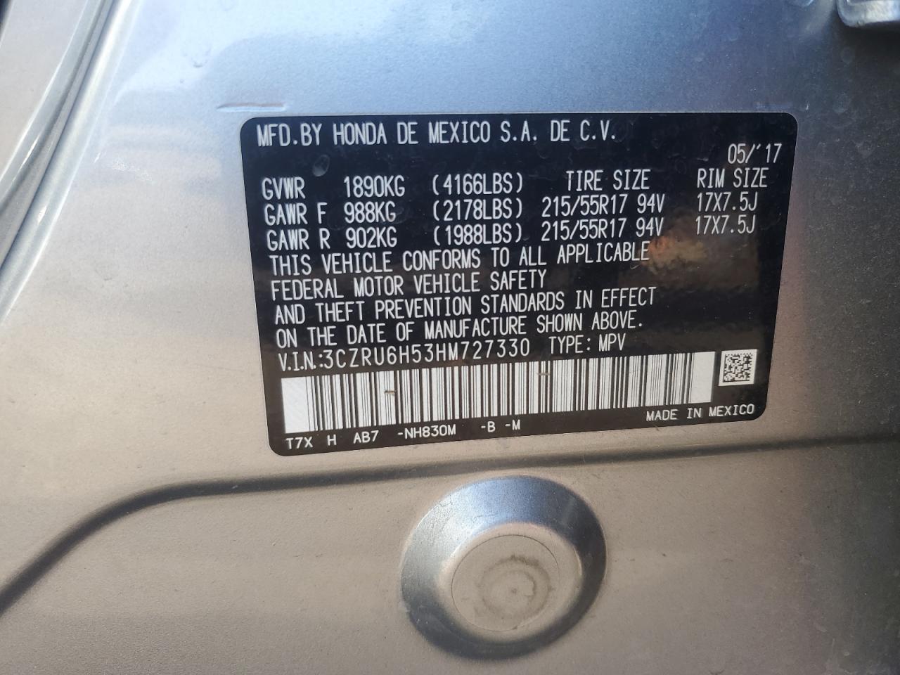 2017 Honda Hr-V Ex VIN: 3CZRU6H53HM727330 Lot: 57401565