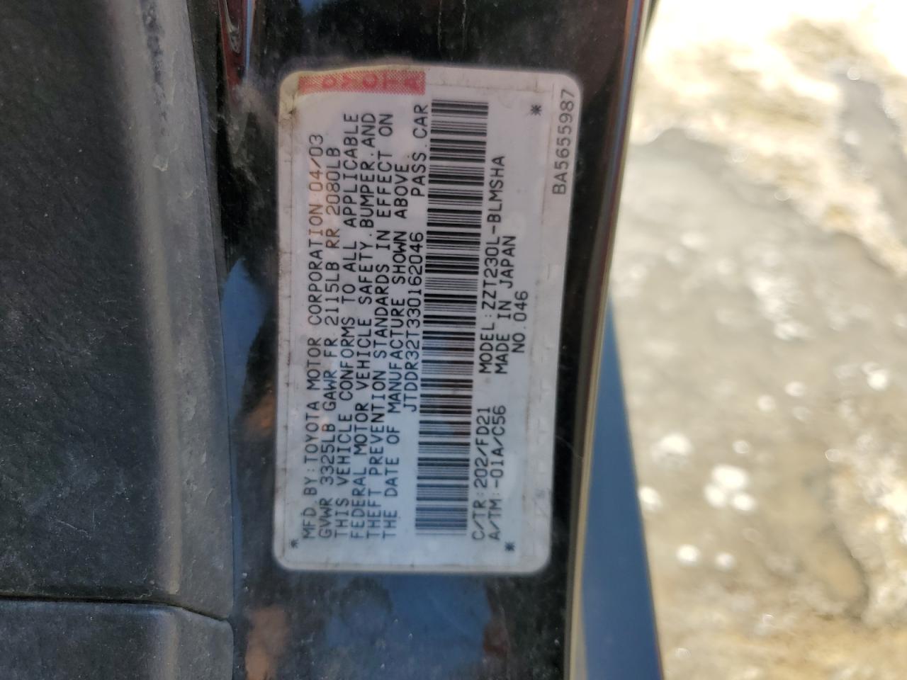 2003 Toyota Celica Gt VIN: JTDDR32T330162046 Lot: 57038905