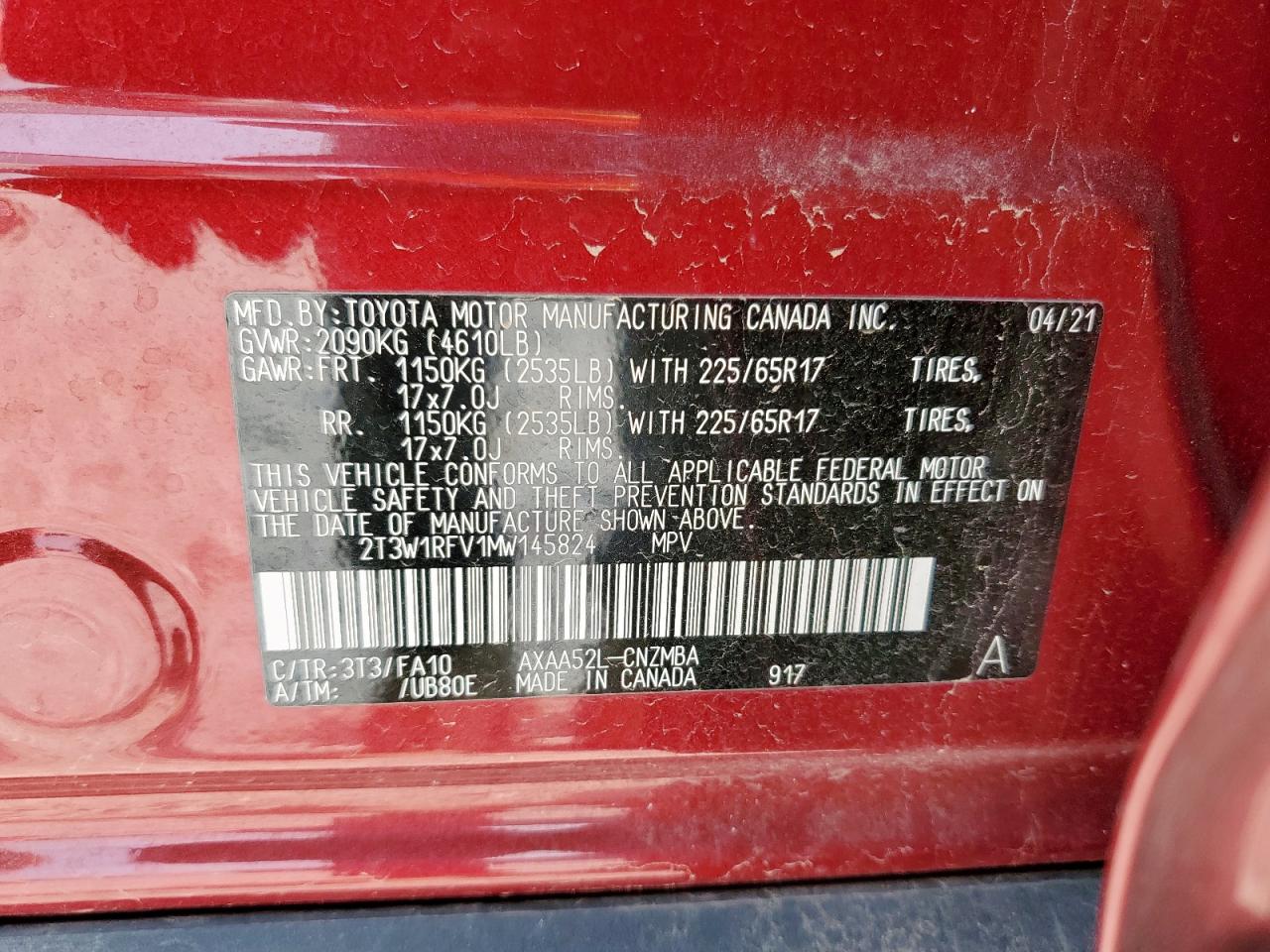 2021 Toyota Rav4 Xle VIN: 2T3W1RFV1MW145824 Lot: 56412505