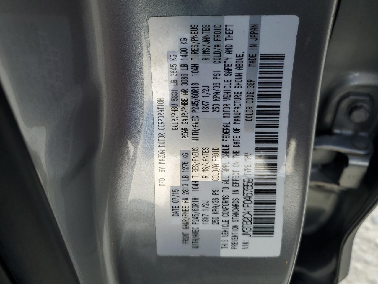 2015 Mazda Cx-9 Touring VIN: JM3TB2CA1F0467659 Lot: 56553015