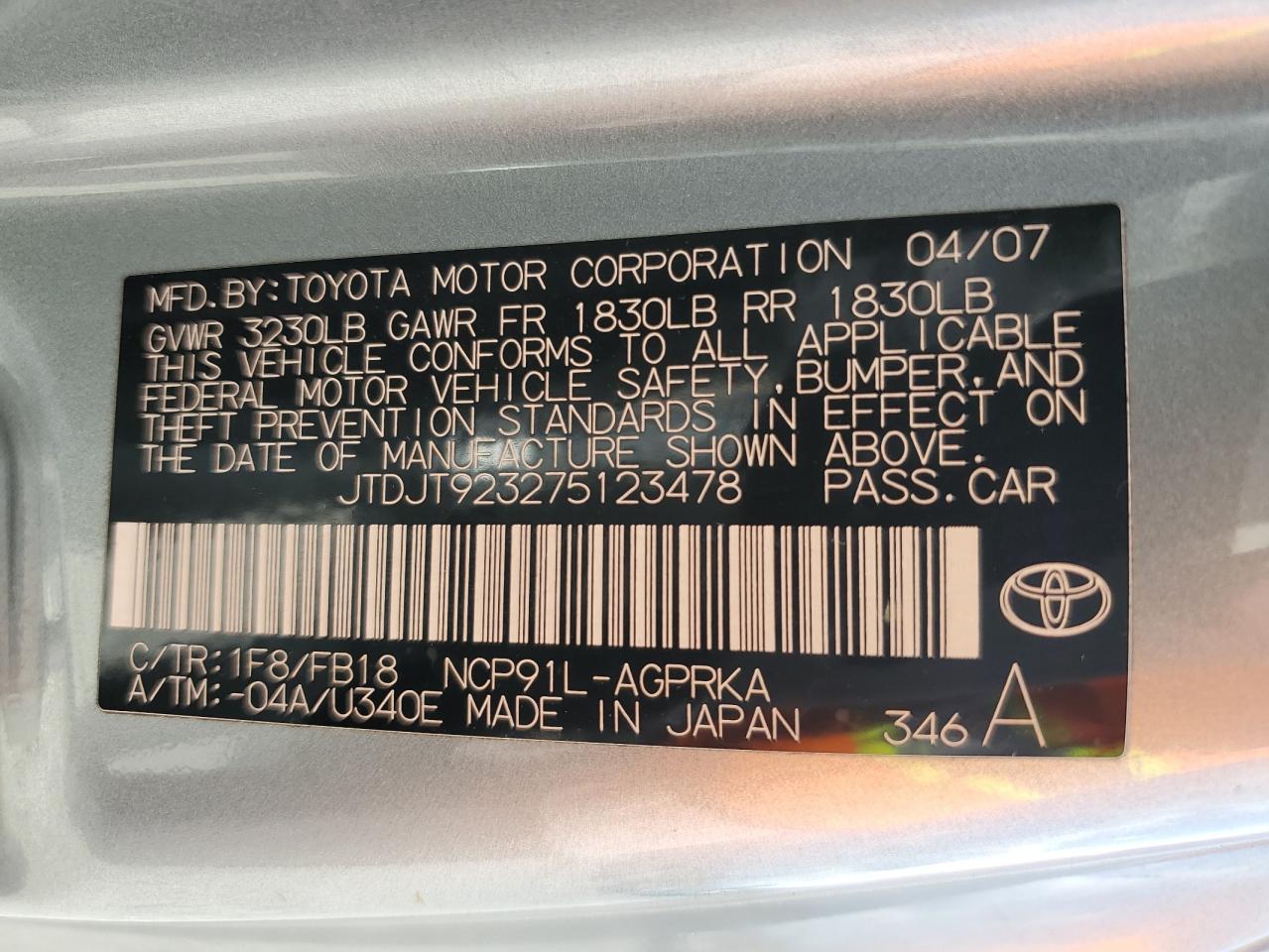 2007 Toyota Yaris VIN: JTDJT923275123478 Lot: 56590725