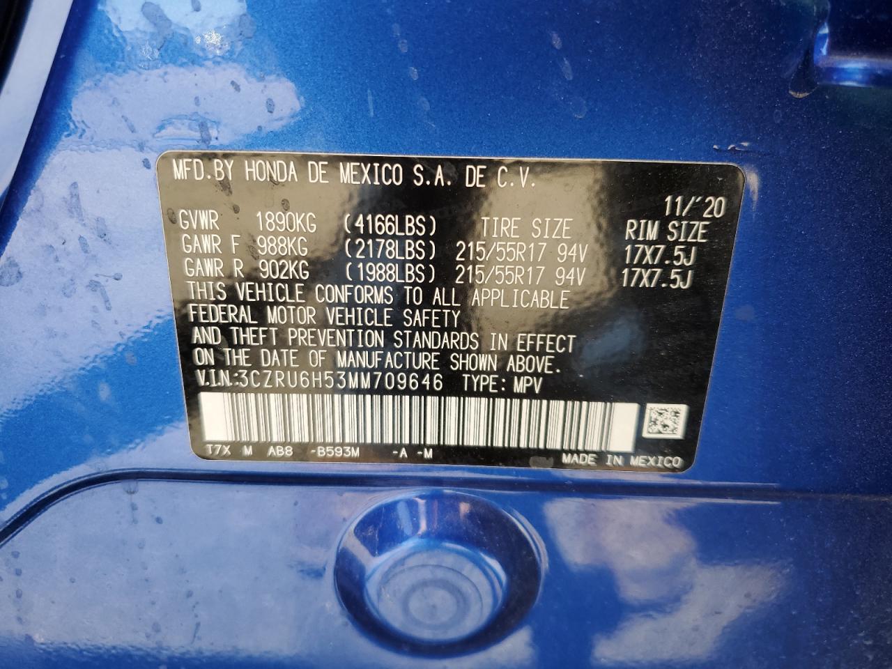 2021 Honda Hr-V Ex VIN: 3CZRU6H53MM709646 Lot: 56524475