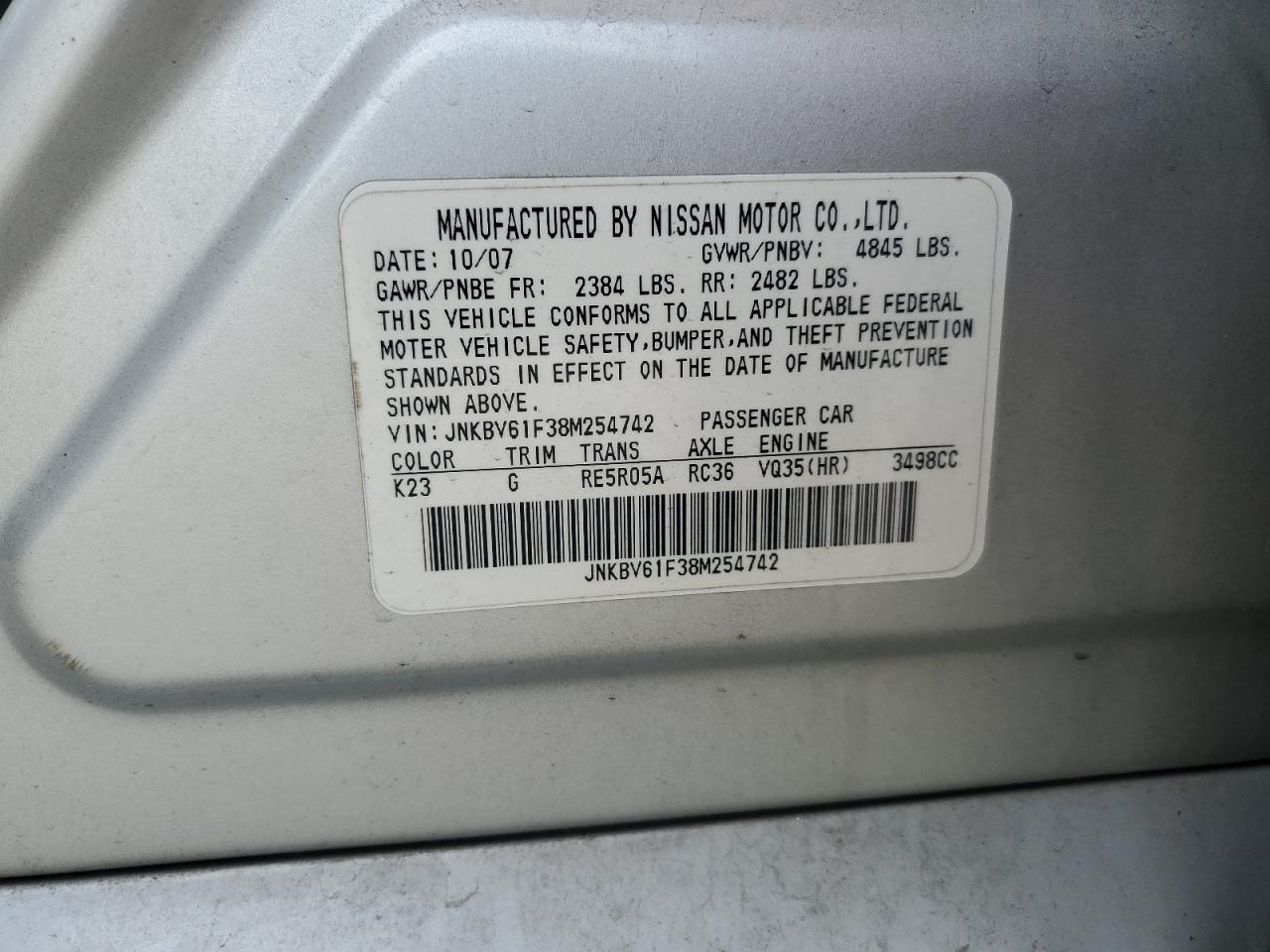 2008 Infiniti G35 VIN: JNKBV61F38M254742 Lot: 57226665