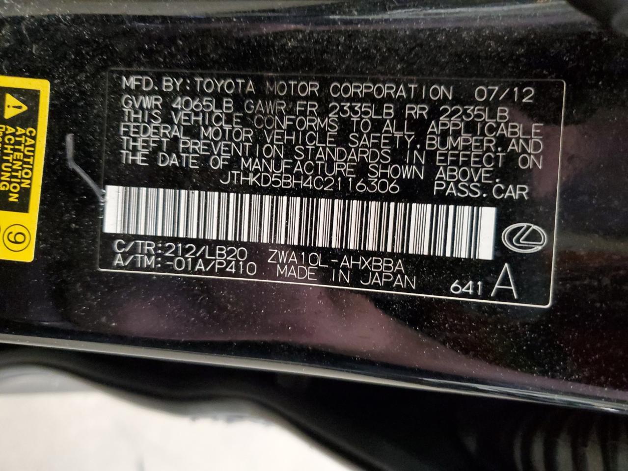 2012 Lexus Ct 200 VIN: JTHKD5BH4C2116306 Lot: 55735865