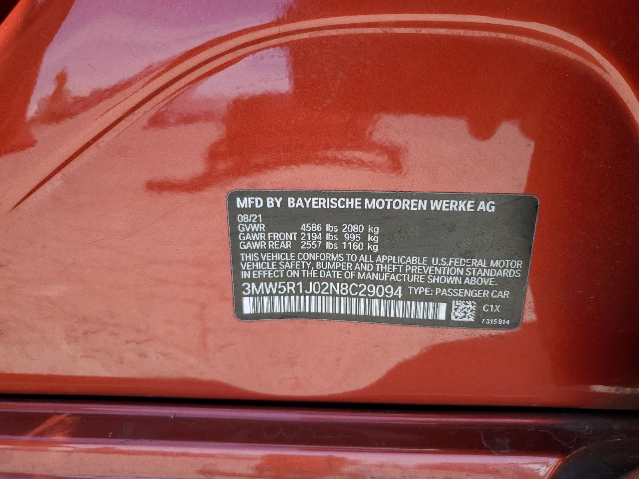 2022 BMW 330I VIN: 3MW5R1J02N8C29094 Lot: 56793455