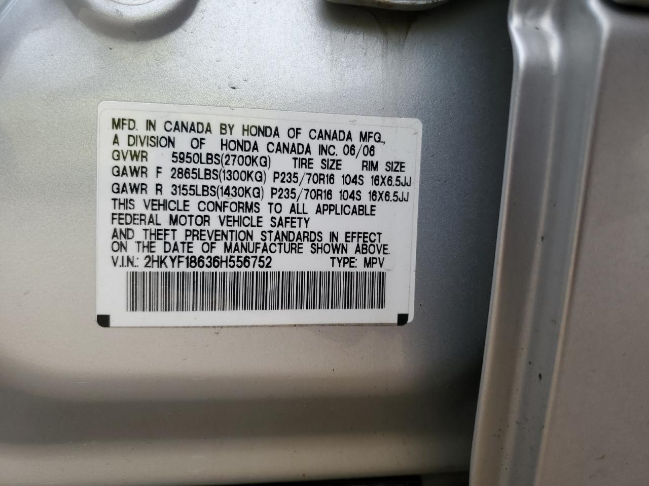 2006 Honda Pilot Ex VIN: 2HKYF18636H556752 Lot: 56744695