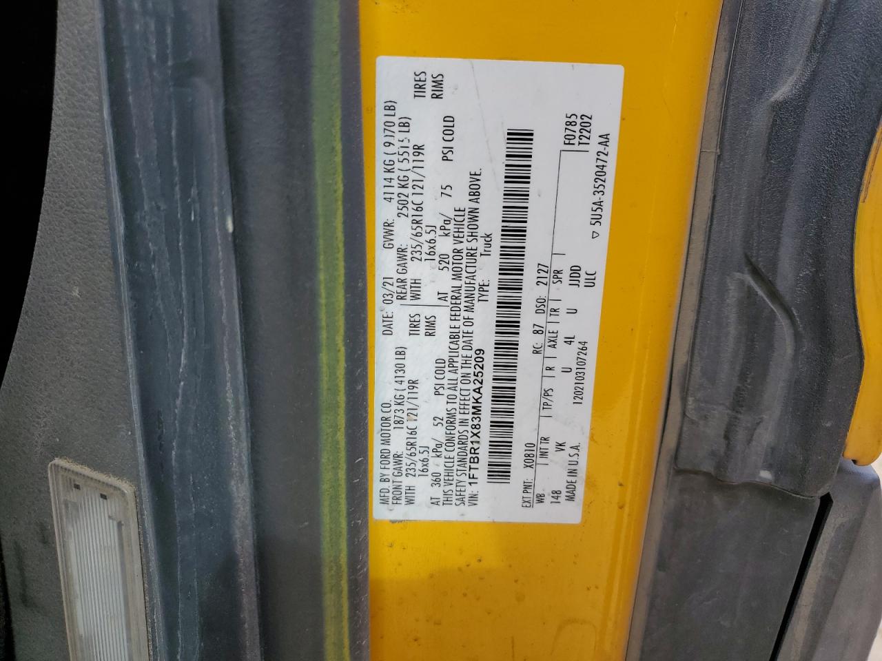 2021 Ford Transit T-250 VIN: 1FTBR1X83MKA25209 Lot: 57320585