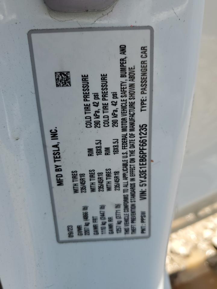 2023 Tesla Model 3 VIN: 5YJ3E1EB6PF661235 Lot: 58007525