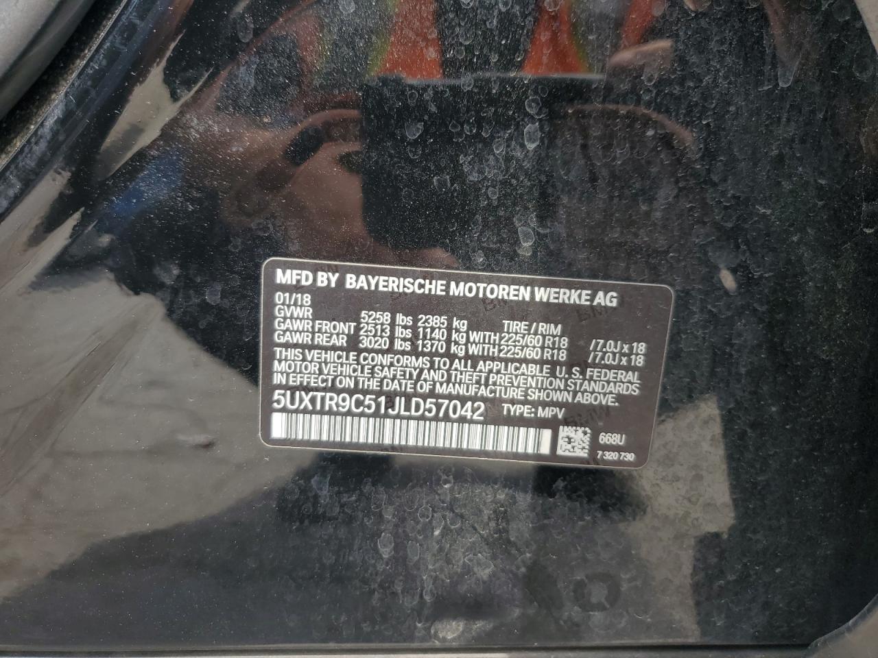 2018 BMW X3 xDrive30I VIN: 5UXTR9C51JLD57042 Lot: 56597025