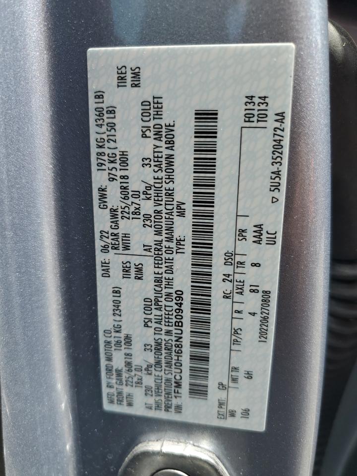 2022 Ford Escape Sel VIN: 1FMCU0H68NUB09490 Lot: 56327455