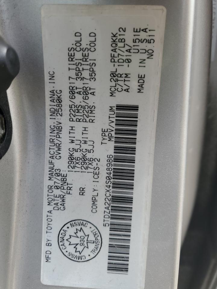 2004 Toyota Sienna Xle VIN: 5TDZA22CX4S048986 Lot: 57020015