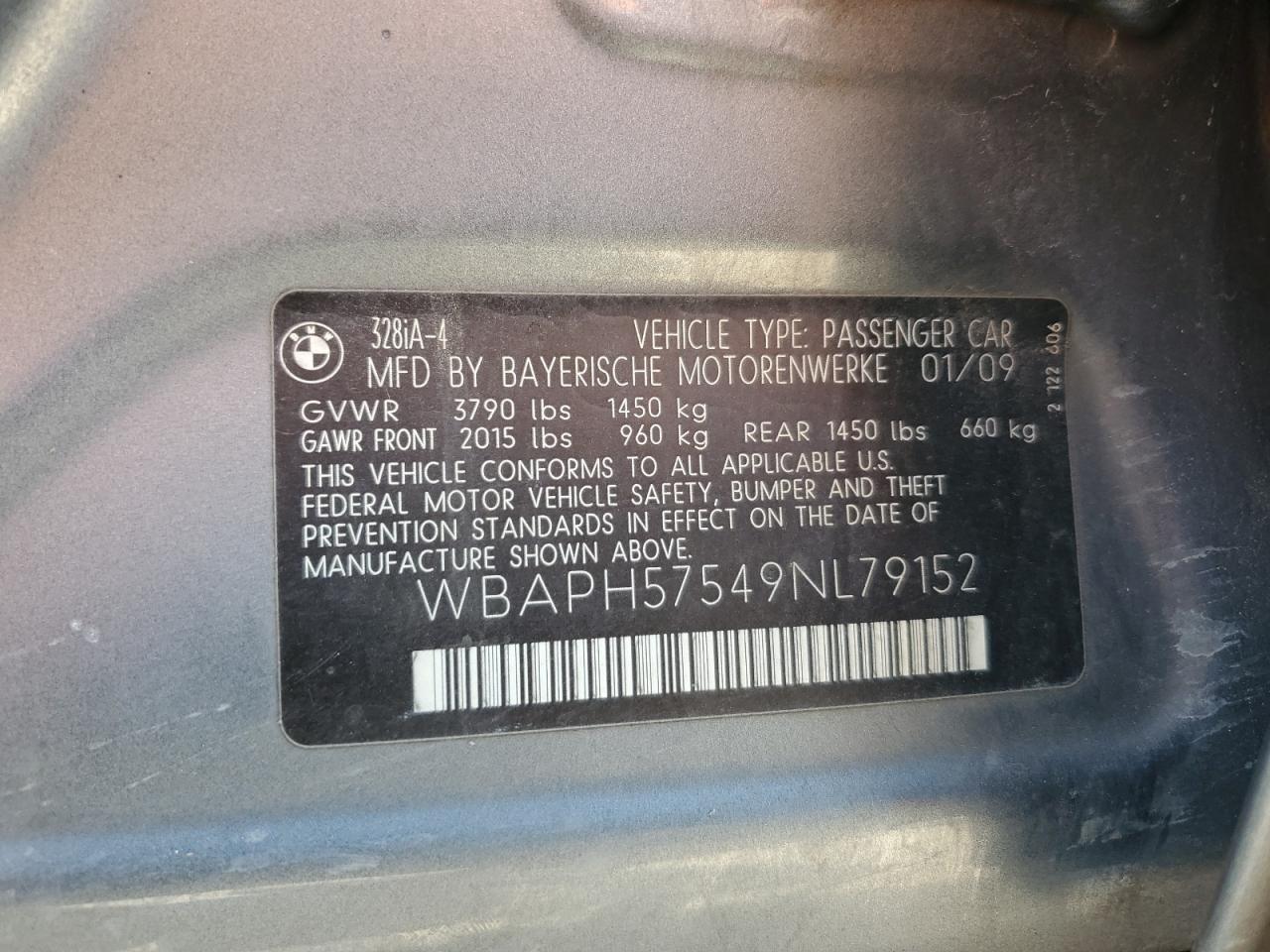 2009 BMW 328 I Sulev VIN: WBAPH57549NL79152 Lot: 55294205