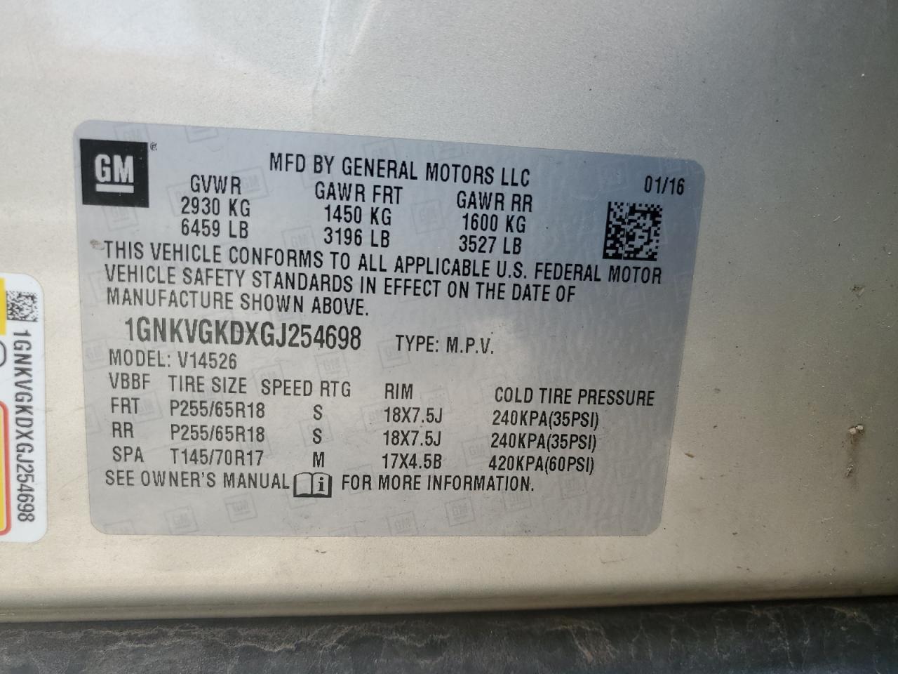 2016 Chevrolet Traverse Lt VIN: 1GNKVGKDXGJ254698 Lot: 56751005