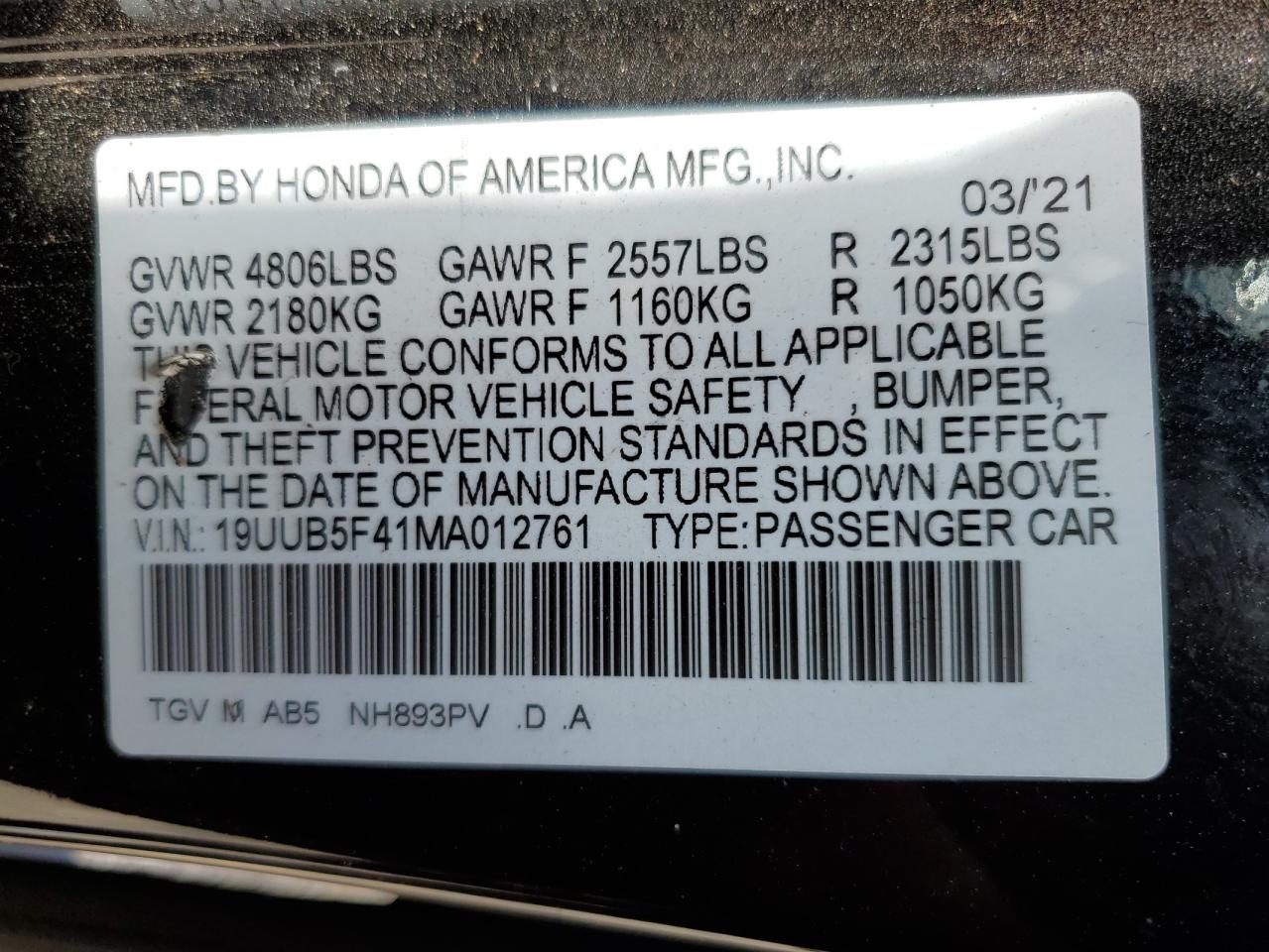 2021 Acura Tlx Technology VIN: 19UUB5F41MA012761 Lot: 56916555