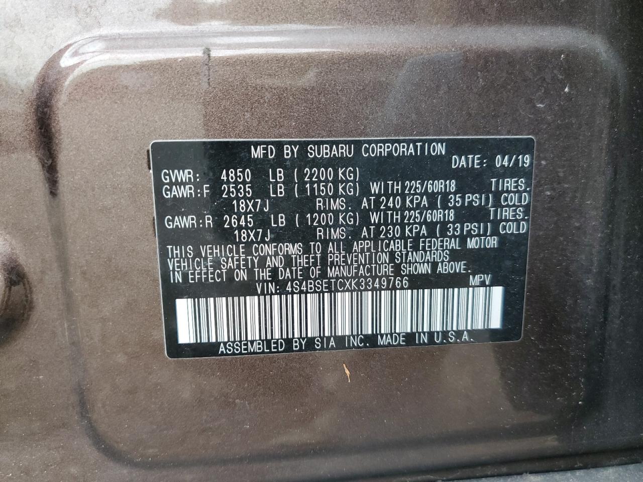 2019 Subaru Outback Touring VIN: 4S4BSETCXK3349766 Lot: 58706395
