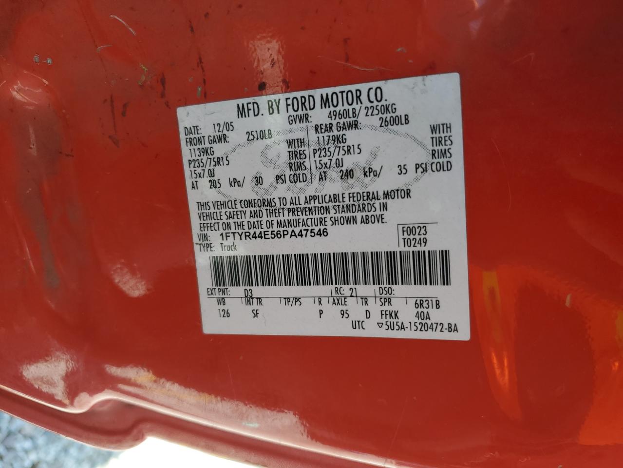 2006 Ford Ranger Super Cab VIN: 1FTYR44E56PA47546 Lot: 56913305