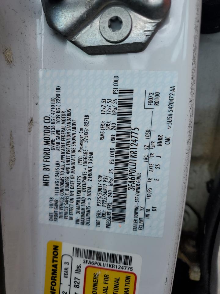 2019 Ford Fusion Se VIN: 3FA6P0LU1KR124775 Lot: 54034825