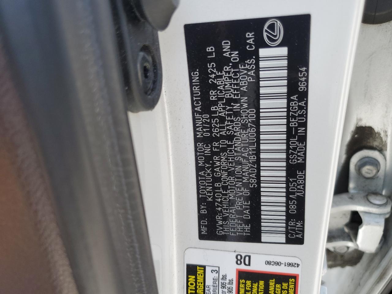 2020 Lexus Es 350 VIN: 58ADZ1B11LU067100 Lot: 58447735