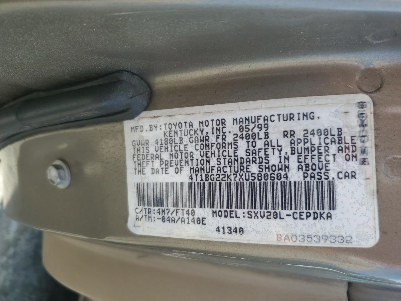 1999 Toyota Camry Ce VIN: 4T1BG22K7XU580604 Lot: 56853285