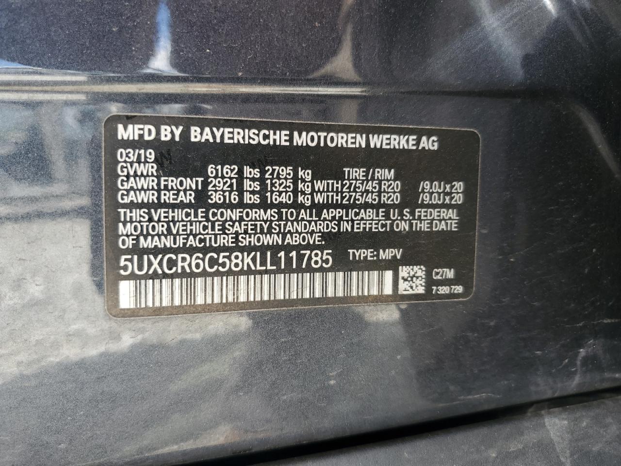 2019 BMW X5 xDrive40I VIN: 5UXCR6C58KLL11785 Lot: 56968595