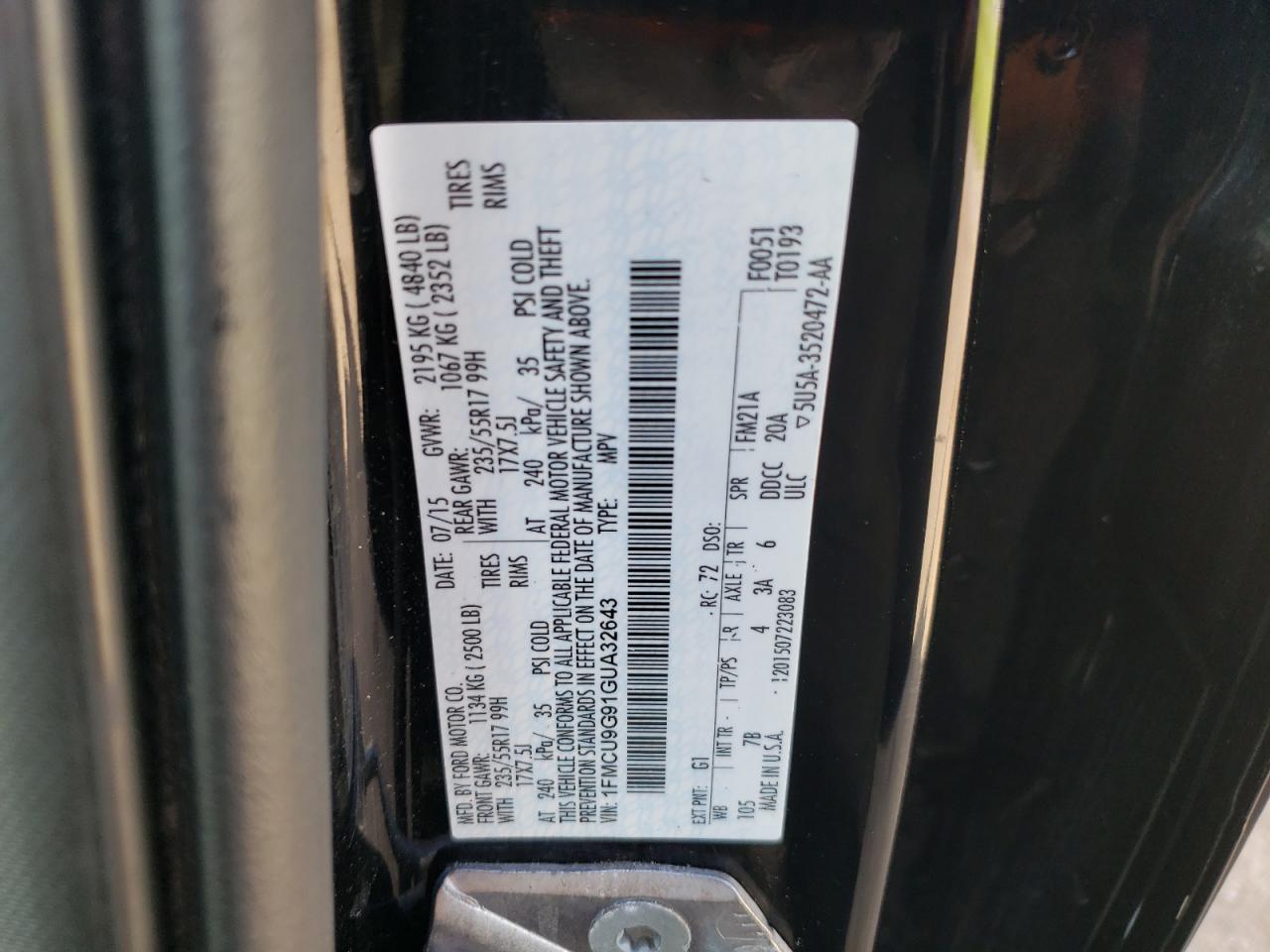 2016 Ford Escape Se VIN: 1FMCU9G91GUA32643 Lot: 57240015